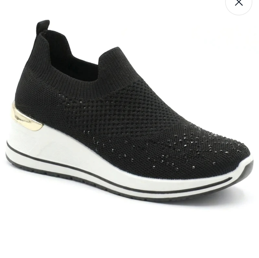 Almost New Slip On Black Sparkly Wedge Knitted Shoes Stefania Italy Size 7